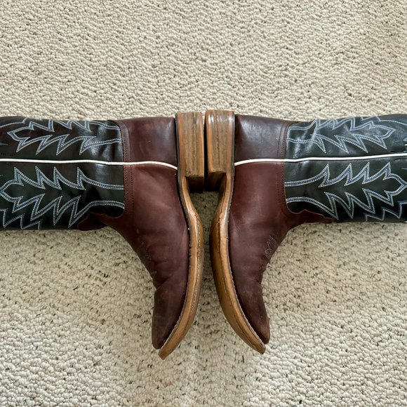 Nocona brown & black leather square toe Western cowboy boots, men's size 9D - Picture 3 of 14